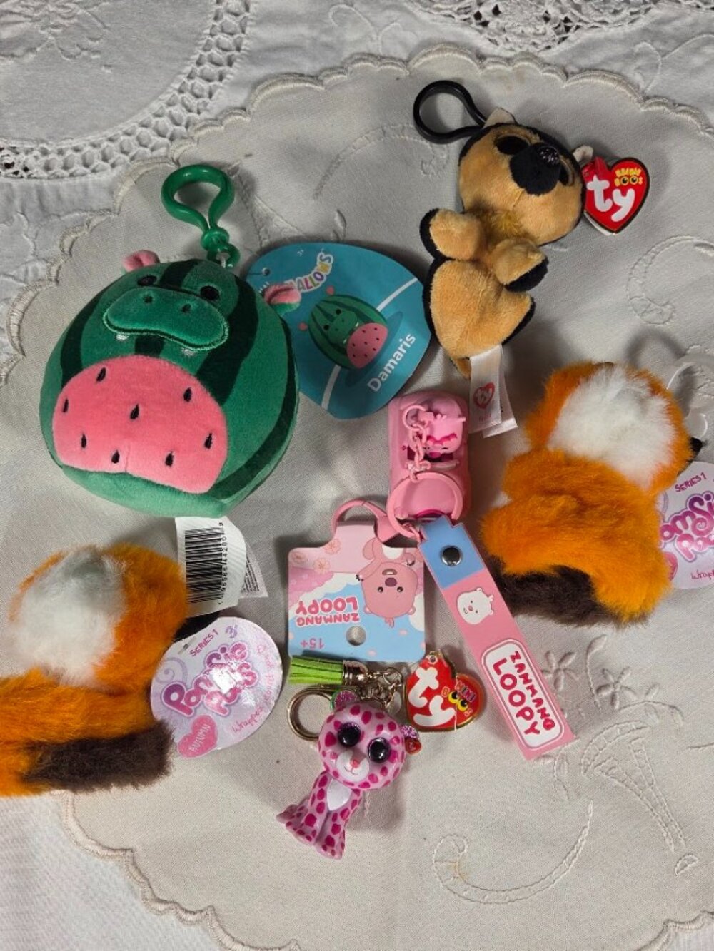 Lot of 6 Plush Backpack Clip Keychains Squishmallows Ty Beanie Boos Pomsie Poos